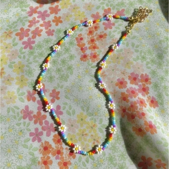 NEW! Dainty “Poppy” Beaded Rainbow Flower Necklace - Picture 8 of 11